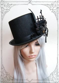 Elegant tophat for victorian ladies and gentlemen Elegant Fitted Top Hat For Halloween, Steampunk High Crown Costume Accessories For Cosplay, Gothic High Crown Costume Accessories For Costume Party, Gothic High Crown Top Hat, Gothic Fitted High Crown Costume Accessories, Steampunk Top Hat With Curved Brim For Costume, Gothic Top Hat With High Crown, High Crown Top Hat For Halloween, Gothic Fitted Top Hat With High Crown