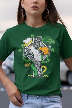 Irish Cross - Irish Pride Display an outstanding Irish cross combined with a cauldron, coins, beer mug, horseshoe and shamrocks, this meaningful nationality | citizen apparel makes a special Birthday, Mother's Day, Father's Day, Children's Day, Saint Patrick's Day, St Patty's Day gift for native, inhabitant who belongs to the island of Ireland and shares a common Irish ancestry, identity and culture. This Ireland design is also available for home decors and accessories such as mugs, posters, can Pride Display, Irish Cross, Irish Pride