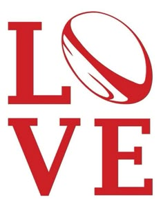 the word love written in red and white with a football on it's side