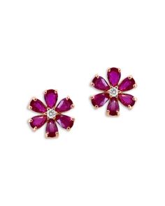 Bloomingdale's Fine Collection Ruby & Diamond Flower Stud Earrings in 14K Rose Gold 14k Rose Gold Jewelry, Yurman Bracelet, Flower Stone, Bridal Boots, Indian Jewellery Design Earrings, Indian Jewellery Design, Flower Stud Earrings, Jewelry Design Earrings, Rose Gold Pink