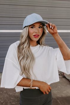 - This trendy baseball cap has a chic touch! - Textured faux leather material - A rounded bill - An adjustable back Trendy Solid Color Baseball Cap For Spring, Trendy Spring Baseball Cap, Light Blue Baseball Cap For Spring, Light Blue Spring Baseball Cap, Casual Light Blue Baseball Cap For Spring, Trendy Blue Baseball Cap With Curved Visor, Leather Baseball Cap, Women Clothing Boutique, Leather Material