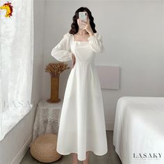 Lasaky - Classic Black Long-Sleeve Knee-Length Dress with Square Neckline - Fashionable and Timeless White Long Sleeve Plain Dress, Elegant Midi Dress Classy, Midi Dress Classy, Dress With Square Neckline, Chic Black Dress, Dress Korea, Outfits Dress, Elegant Midi Dresses, Korean Fashion Dress