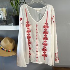 White Sheer Embroidered Shirt With Long Sleeves And V Neck Bohemian Spring Blouse From Forever 21, Casual Long Sleeve Embroidered Top For Brunch, Red Embroidered Top For Spring, Forever 21 White Blouse For Spring, Forever 21 Embroidered Tops For Spring, Red V-neck Embroidered Summer Top, Red Embroidered V-neck Top For Spring, Red V-neck Embroidered Top For Spring, Red V-neck Embroidered Top For Summer