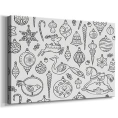 a black and white drawing of christmas ornaments on a canvas wall art print, ready to hang