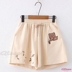 Qteee - Premium Bear Note Embroidery Drawstring Shorts with Convenient Pocket Summer Cotton Shorts, Kawaii Summer Outfits, Note Embroidery, Cotton Shorts Women, Kawaii Shorts, Bear Embroidery, Cute Pants, Pocket Shorts, Y2k Aesthetic Outfits