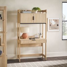 Holmes Modern Scandinavian Reeded Writing Desk with USB Living Room Walker Edison Coastal Oak Shelf Unit With Desk, Bookshelf With Desk Small Spaces, Small Cabinet Desk, Desk Mini Shelf, Twin Slot Shelving Desk, Small Hutch For Desk, Drop Down Hutch Desk, Three Tier Desk, Cute Hutch Desk