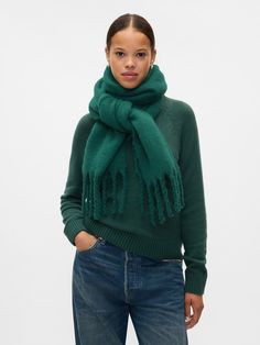 Soft, feathered chunky knit scarf.  Fringe at ends.  Responsible Wool Standard certified.  For more fit and sizing info, check out our Size Guide. Balsam Tree, Chunky Knit Scarf, Thick Scarf, Chunky Knit Scarves, Chunky Scarf, Chunky Scarves, Green Scarf, Dressed To The Nines, Winter Fits