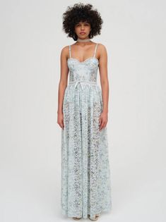 Cecelia Lace Maxi Dress — Blue | For Love & Lemons Spring Corset Dress With Sheer Bodice, Spring Lace Corset Dress With Boned Bodice, Summer Corset Dress With Sheer Bodice, Lace Dress With Boned Bodice For Garden Party, Blue Maxi Dress For Spring Evening, Garden Party Lace Dress With Boned Bodice, Fitted Lace Maxi Dress With Sheer Bodice, Lace Maxi Dress With Fitted Bodice For Prom, Spring Corset Dress With Fitted Lace Bodice