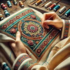 a woman is working on an embroidered piece