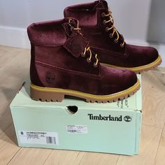 Velvet Burgundy Lace Up Boot Red Timberland Boots Women, Timberland Lace-up Boots, Timberland Suede Lace-up Boots, Timberland High-top Suede Boots, Timberland Suede High-top Boots, Timberland Suede Ankle Boots, Timberland Suede Boots For Fall, Burgundy Suede Boots With Round Toe, White Timberlands