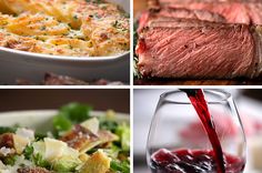 four different pictures with food on them including steaks, salad and eggs in pans