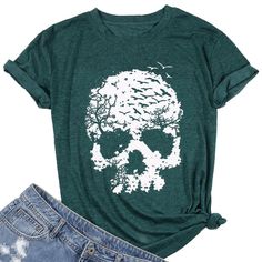 PRICES MAY VARY. Material: Skull Shirts for Women is made of cotton blend, this loose fit vintage graphic tees for women is super soft and perfect fit! Soft, comfortable and lightweight, breathable and stretchy fabric ideal for relaxed casual everyday wear. Features: Women skull shirts, Casual round neck short sleeve summer tops, Womens graphic tees funny cotton, Skull print shirts Halloween Gift t-shirts, Vintage novelty shirts for women, Women casual tshirts loose fit style. Fashion Match: Thi Casual Green Skull Print T-shirt, Casual Green T-shirt With Skull Print, Halloween T-shirt With Skull Front Print, Fall Skull Print Cotton T-shirt, Fall Cotton T-shirt With Skull Print, Halloween Skull Letter Print Tops, Skull Shirts For Women, Skeleton Funny, Graphic Shirts Women