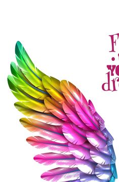 colorful feathers with the words free from your dreams written below them on a white background