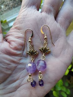 Amethyst Necklace & Drop Earring Set - Etsy Elegant Nickel-free Jewelry For Meditation, Spiritual Bronze Round Beads Jewelry, Gold Gemstone Bead Drop Earrings, Gold Drop Earrings With Gemstone Beads, Healing Brass Jewelry With Natural Stones, Spiritual Gemstone Bead Drop Earrings, Teardrop Amethyst Jewelry With Faceted Detail, Faceted Teardrop Amethyst Jewelry, Teardrop Faceted Amethyst Jewelry