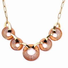 "A fine hand made 1940s high Art Deco necklace in rose and yellow gold.  This divine necklace features a central hand made focus that is hand crafted in rose and yellow gold. The design is exceptionally streamlined.  The necklace measures 17\" long and is 13/16\" wide (432mm x 20mm). Made from fine 14K rose and yellow gold it weighs a total of 23.19 grams.  It is in lovely condition and is ready to gift or to wear.  This is a one of a kind original Art Deco necklace not a reproduction item in th Formal Rose Gold Metal Chain Necklace, Yellow Gold Polished Metal Necklace, Polished Yellow Gold Metal Necklace, Yellow Gold Polished Necklace, Polished Round Necklaces, Art Deco Yellow Gold Jewelry For Jewelry Making, Art Deco Yellow Gold Necklace For Formal Occasions, Art Deco Yellow Gold Round Necklace, Rose Gold Round Necklace With Polished Finish