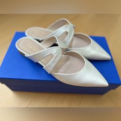 * Stuart Weitzman Satin Mules * White * Pointed-Toes * Size 5 New With Box And Bag. Only Tried On At Home Elegant Slip-on Wedding Shoes For Spring, Almond Toe Flats With Removable Insole For Party, Cream Closed Toe Formal Flats, Elegant Cream Flats With Round Toe, Chic Wedding Shoes With Pointed Toe And Removable Insole, Formal Cream Closed Toe Flats, Elegant Pointed Toe Wedding Shoes With Removable Insole, Elegant Wedding Shoes With Pointed Toe And Removable Insole, Elegant Cream Flats For Wedding