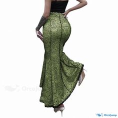 Orcajump - Chic and Figure-Flattering Lace-Paneled High-Waisted Mermaid Skirt, Ideal for Vacations Stretch Mermaid Hem Bottoms For Spring, Spring Mermaid Hem Stretch Bottoms, Spring Stretch Bottoms With Mermaid Hem, Fitted Waist-length Skirt For Party, High Waist Green Maxi Skirt For Party, Green Fitted Party Bottoms, Fitted Green Bottoms For Party, Green Fitted Bottoms For Party, Fitted Long Skirt For Party