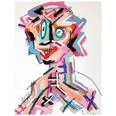 an abstract painting of a man's face with multicolored lines