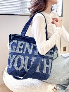 Bird in Bag - Denim Graphic Shopping Bag Casual Tote Bag, Embroidered Bag, Raw Denim, Casual Tote, Shoulder Tote Bag, Bird In Bag, Casual Denim, Shoulder Tote, Blue Bags