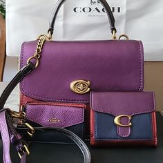 Bag, Trifold Wallet, And Leash Keychain Card And Coin Holder. Sold As A Bundle. Comes With Dustbag Elegant Purple Leather Wallets, Chic Coach Wallet With Detachable Strap, Elegant Multicolor Coach Shoulder Bag, Coach Parker, Coin Holder, Purple Leather, Trifold Wallet, Metallic Colors, Leather Top