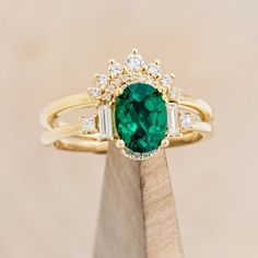 "ORNA" - OVAL LAB-GROWN EMERALD ENGAGEMENT RING WITH DIAMOND ACCENTS & TRACER Engagement Rin, 14k Gold Engagement Ring, Staghead Designs, Mens Engagement, Colored Stone, Ring With Diamond, Custom Ring Designs, Montana Sapphire, Detailed Ring