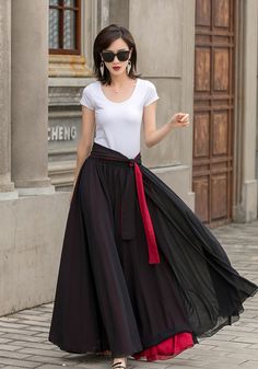 Elegant Black Skirt With Tie Waist, Long Skirt With Sashes, Black Chiffon Skirt, Boho Maxi Skirt, Red Outfits, Plus Size Skirt, Reversible Skirt, Chiffon Maxi Skirt, Ankle Length Skirt