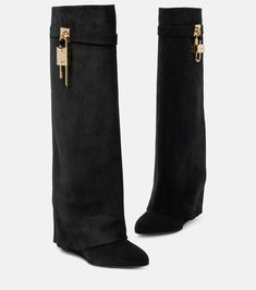 Shark Lock Suede Knee High Boots in Black - Givenchy | Mytheresa Shark Boots, Givenchy Shark, Almond Toe Boots, Givenchy Boots, Suede Knee High Boots, Mid Heel Shoes, Suede Boots Knee High, Floral Shoes, Suit Accessories