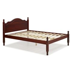 a wooden bed frame with no mattress on it