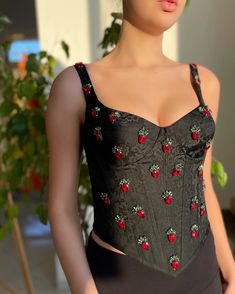 Strawberry Pie Corset | Teuta Matoshi Embellished Sweetheart Neckline Fitted Corset, Embellished Fitted Corset For Summer, Embellished Fitted Summer Corset, Summer Embellished Fitted Corset, Elegant Embellished Summer Corset, Elegant Summer Embellished Corset, Green Gingham Dress, Accessories Matching, Flower Gown