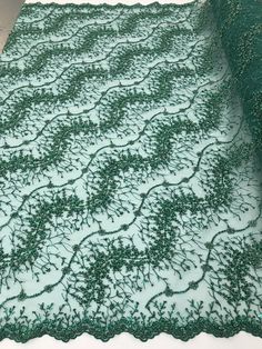 Green - Beaded Embroidery Wavy Flower Pattern Fabric Lace Elegant Dress Fabric By The Yard Elegant Party Embroidered Fabric With Machine Embroidery, Green Embroidered Lace Sequin Fabric, Green Embroidered Sequin Lace Fabric, Beaded Lace Embroidered Fabric For Banquet, Floral Mesh Dress, Rhinestone Fabric, Green French, Night Gowns, Emerald Bead