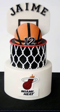 two tiered cake decorated with basketballs and net for miami heaters fanatics