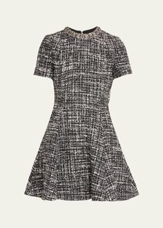 Valentino Garavani Tweed Crystal Collar Fit-Flare Wool Mini Dress - Bergdorf Goodman Tweed Outfit, Embellished Collar, Cocktail Jacket, Jewel Neckline, Tweed Dress, Winter 2024, Lingerie Sleepwear, Bergdorf Goodman, Mini Black Dress