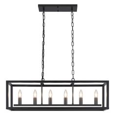 a rectangular chandelier with five lights hanging from the ceiling