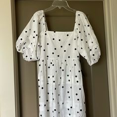 White With Polka Dots. Puff Sleeves. Knee Length White Polka Dot Dress, Grad Dresses, Size 6 Dress, Polka Dot Dress, Dot Dress, White Polka Dot, Puff Sleeves, Puff Sleeve, Polka Dot