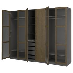 an open cabinet with doors and drawers on both sides, in front of a white background