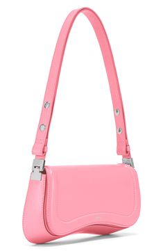 Polished hardware and an architectural silhouette lend visual intrigue to a '90s-inspired shoulder bag fitted with an adjustable strap for versatile wear. Lined Polyurethane Imported Trendy Pink Shoulder Bag With Logo Hardware, Modern Crossbody Shoulder Bag With Logo Hardware, Modern Pink Shoulder Bag With Logo Hardware, Modern Baguette Satchel With Silver-tone Hardware, Modern Shoulder Flap Bag With Silver-tone Hardware, Pink Shoulder Bag With Logo Hardware For Everyday Use, Modern Baguette Shoulder Bag With Silver-tone Hardware, Modern Evening Satchel With Logo Hardware, Modern Crossbody Flap Bag With Logo Hardware