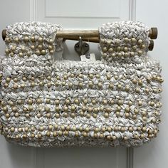 White Crochet With Wood Beads White Beaded Summer Bags, White Beaded Bags For Summer, Summer White Beaded Bags, Elegant White Handwoven Bag, White Vacation Bag With Pearl Handle, Elegant Embellished Beach Bag, Elegant Embellished Beach Bags, Cream Beaded Summer Bag, Cream Beaded Bag For Summer