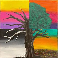 an abstract painting of a tree in four different colors