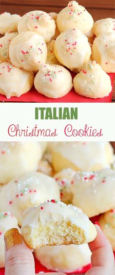 italian christmas cookies with white frosting and sprinkles are on a red plate