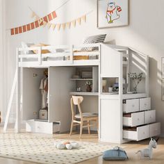 a white loft bed with desk underneath and stairs leading to the upper level, in a child's bedroom