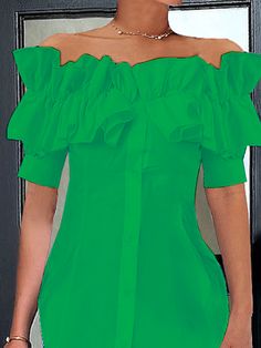 Elegant Off Shoulder Ruffle Short Sleeve Button-Down Blouse | stylewe Chic Green Off-shoulder Blouse, Green Off-shoulder Blouse, Trendy Off-shoulder Ruffled Blouse, Casual Off-shoulder Blouse With Ruffles, Trendy Off-shoulder Blouse With Ruffles, Fitted Off-shoulder Top With Ruffles For Day Out, Fitted Trendy Off-shoulder Top With Ruffles, Fitted Off-shoulder Top With Ruffles For Casual Wear, Trendy Fitted Off-shoulder Top With Ruffles