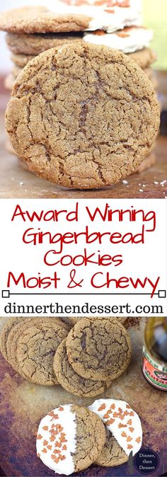 several cookies are stacked on top of each other with the words, award winning gingerbread mo