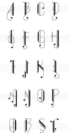 an alphabet with musical notes and letters in the style of music notations, handwritten by