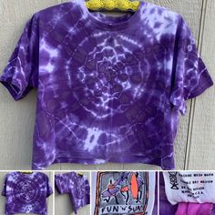 Vintage Fun N Sun T-Shirt Tie Dye Crop Top made in USA one size. Tie dye (purple and white): Single stitch: Made in USA: One size Could be worn by anyone (depending on your style) if the measurements work for you: See pics 10, 11 and 12 for laying flat measurements. All pics are of the same one tie dye crop top t-shirt (sometimes referred to as a half shirt) that buyer will receive. See all 12 pics for details and enlarge each pic for a closer look. Any wear or anything else is to be considered Fun Summer Festival T-shirt, Fun Short Sleeve T-shirt For Music Festival, Vintage Cropped T-shirt With Graphic Print For Summer, 90s Style Screen Print Tops For Summer, 90s Style Summer Tops With Screen Print, Unisex Retro Summer T-shirt, Purple Short Sleeve Beach Top, 90s Summer Cropped T-shirt With Graphic Print, 90s Style Graphic Crop T-shirt For Summer