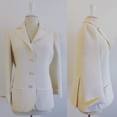 "Sophisticated white soft & lightweight wool blazer. Has some discoloration as shown in photo. I have not tried to remove so am not sure if its permanent. Measurements taken flat: 16.5\" shoulder seam to seam 22: sleeve 19\" chest 27\" length" Cream Sport Coat For Spring Formal, Chic White Wool Blazer, White Spring Blazer With Pressed Crease, Spring Formal Cream Sport Coat, Cream Fitted Outerwear With Suit Collar, Fitted Cream Blazer With Single Button, Classic White Wool Blazer, Cream Fitted Blazer For Business Casual, Formal White Wool Blazer