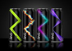 three cans of wave energy drink on a black background with reflective colors and the same pattern