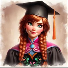 a painting of a girl wearing a graduation cap and gown with braids in her hair