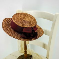 1900s Hats Women, Edwardian Boater Hat, Edwardian Straw Hat, Vintage Sun Hat, Edwardian Hats Women, Brimmed Boater Hat With Bow For Kentucky Derby, Boater Hat With Bow For Kentucky Derby, Formal Straw Boater Hat For Kentucky Derby, Brimmed Straw Hat With Ribbon For Kentucky Derby