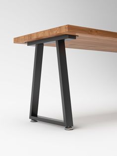 a wooden table with metal legs on an isolated white background