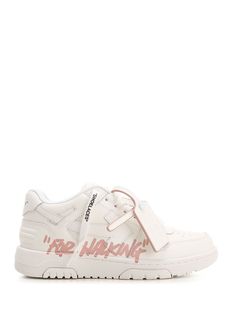 White "Out of Office For Walking" sneakers from Off-White™ in leather, pink "For Walking" writing on the side, white Zip-Tie label with pink edges, perforated toe, rubber sole, lace closure and black "SHOELACES" writing . Pink Sneakers With Logo-print Tongue For Streetwear, Pink Sneakers With Logo Print For Streetwear, Pink Low-top Sneakers With Logo-print Tongue, White High-top Sneakers With Logo For Streetwear, Pink High-top Sneakers With Logo Print, Pink Low-top Sneakers With Logo Print, White Low-top Custom Sneakers With Logo-print Tongue, Pink Leather Sneakers With Logo Print, Pink High-top Sneakers With Perforated Toe Box For Streetwear